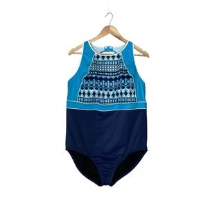 LANDS’ END sz 20W DDD One Piece Swimwear Geometric Pattern Shelf Bra Blue
